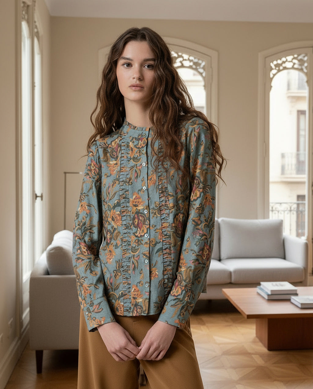 Blusa con fruncido vertical y estampado floral