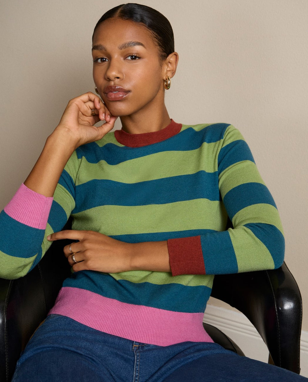 Jersey cuello redondo a rayas Verde