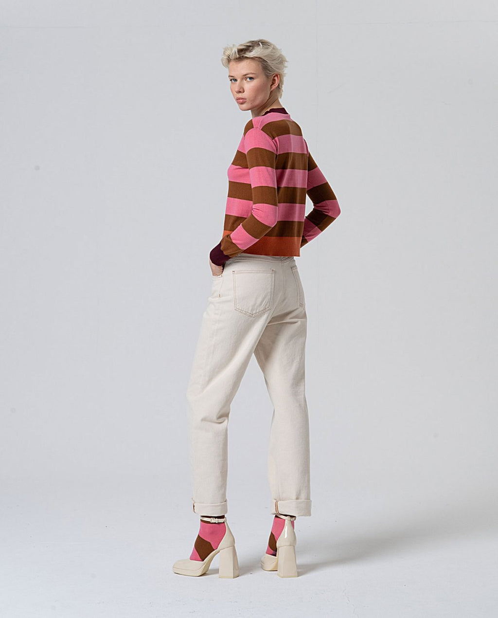 Jersey cuello redondo rayas Rosa