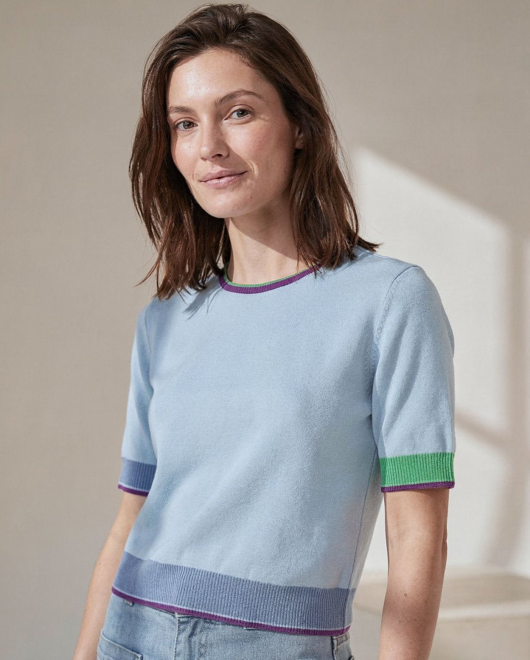 Jersey escote redondo manga corta Azul Empolvado